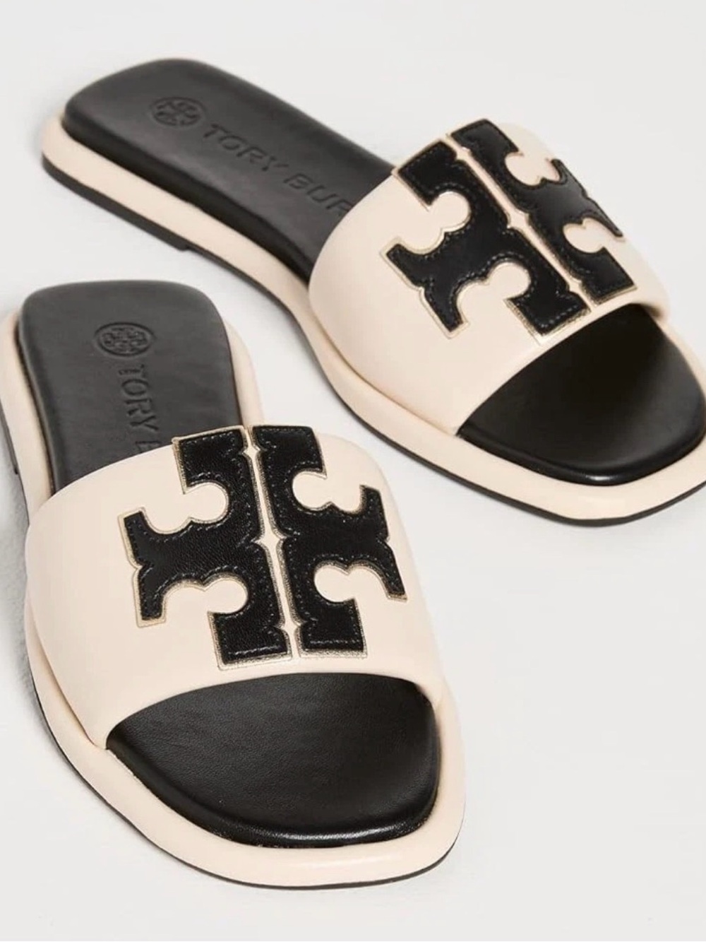 Tory Burch Cream and Black Logo Nappa Slide Sandals